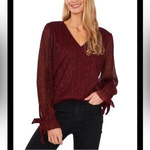 CeCe Metallic Tie-Sleeve V-Neck Blouse Red Size Small